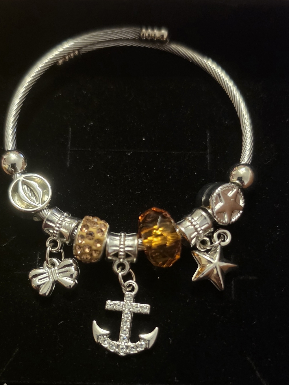 Silver Anchor Charm Bracelet with Amber Beads